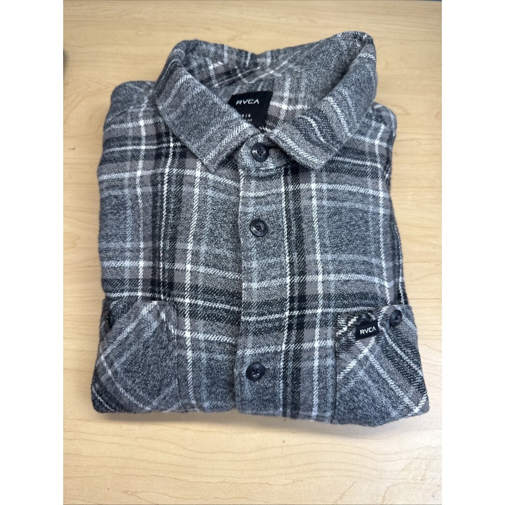 RVCA Men's Hostile Plaid‎ Button-Up Flannel, Blue & Grey, Size Large 100% Cotton